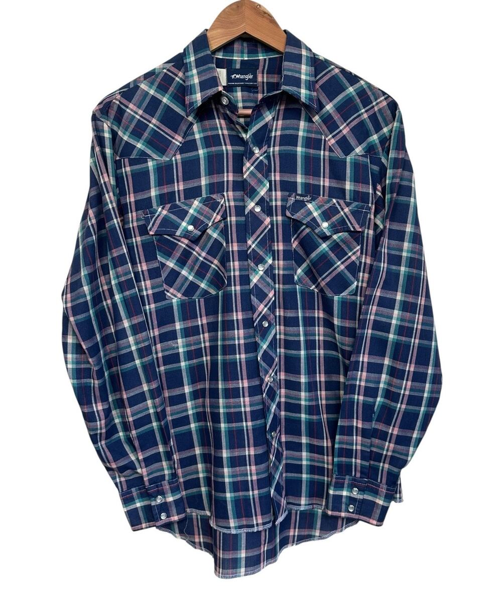 Vintage Wrangler Women’s Blue Pink Plaid Lightweight Pearl Snap Western Shirt M